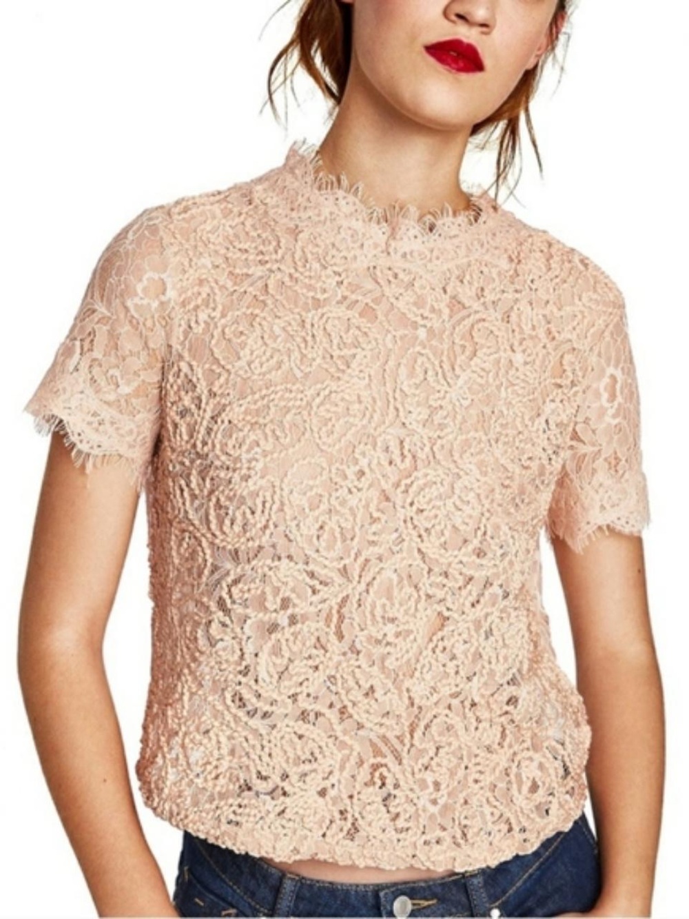 Zara Blush Lace Short-Sleeve Top